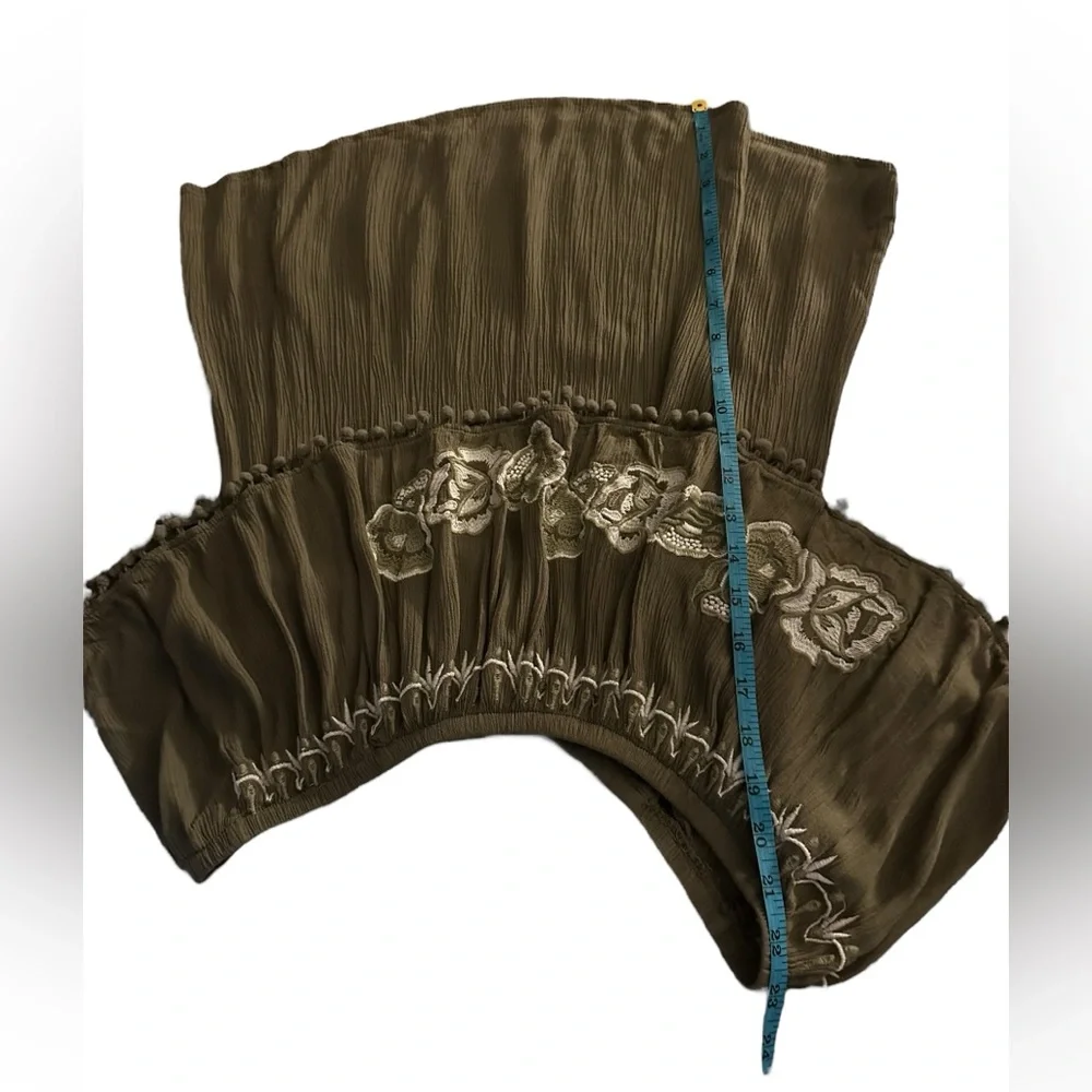 Blue Rain | Embroidered Olive Green Women's Shorts Sleeve Rayon Peplum Top - Picture 9 of 15